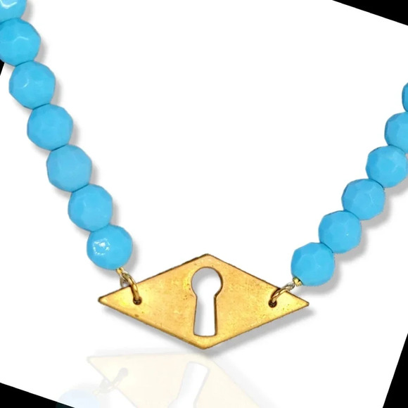 Artisan Keyhole Necklace  Opaque Glass Turquoise Beads Brass I Love U Ch… - Picture 6 of 11
